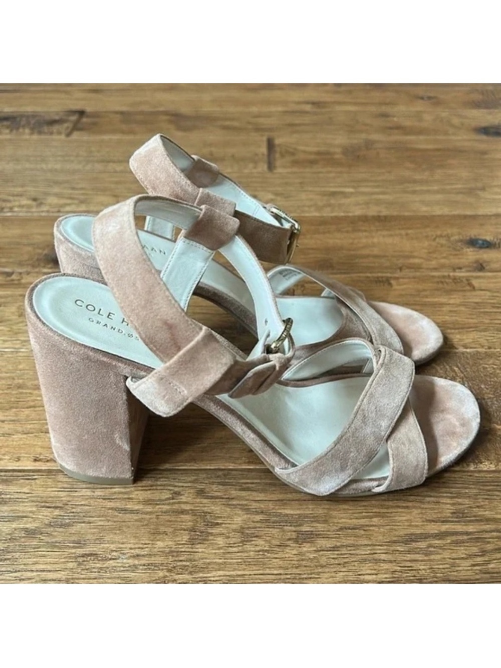 Cole Haan Kadi Block Heel Strappy Sandals Heels Mocha Mousse Suede Size 8